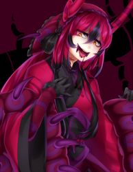 Rule 34 | 1girl, bad id, bad pixiv id, black gloves, black hair, blood, blood on face, blood stain, blood on clothes, creatures (company), game freak, gen 5 pokemon, gloves, gradient hair, horns, arthropod girl, multicolored hair, nintendo, personification, pokemon, red hair, scar, scolipede, shikkoku neko, solo, tongue, tongue out, yellow eyes