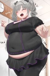 Rule 34 | 1girl, alternate body size, black pantyhose, black skirt, blush, bow, breasts, cleavage, clenched hands, clock, closed eyes, commentary request, cowboy shot, drill hair, fat, grey hair, hair bow, heart, heart in mouth, highres, idolmaster, idolmaster cinderella girls, indoors, kanzaki ranko, large breasts, long hair, mirror, open mouth, oruka (kamituki0827), pantyhose, short sleeves, skirt, sweat, thick arms, thick thighs, thighs, translation request, twin drills, twintails, wall clock