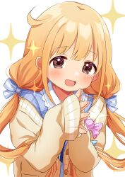 Rule 34 | 1girl, absurdres, blonde hair, blue dress, blue ribbon, blush, brown eyes, cardigan, dot nose, dress, futaba anzu, hair ribbon, highres, idolmaster, idolmaster cinderella girls, idolmaster cinderella girls starlight stage, kahiika, long hair, long sleeves, looking at viewer, low twintails, open cardigan, open clothes, open mouth, plaid, plaid dress, ribbon, simple background, sleeves past fingers, sleeves past wrists, smile, solo, sparkle, steepled fingers, twintails, very long hair, white background, yellow cardigan