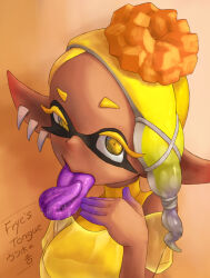 Rule 34 | + +, 1girl, asymmetrical hair, bare shoulders, bilingual, blonde hair, blue hair, character name, colored eyelashes, colored skin, colored tongue, dark-skinned female, dark skin, drooling, earrings, english text, female focus, food, food-themed hair ornament, forehead, frye (splatoon), gradient hair, hagoromo, hair ornament, hair tie, half-closed eye, hand up, ikachangenema, inkling, japanese text, jewelry, long eyelashes, long tongue, looking at viewer, mixed-language text, multicolored hair, multicolored skin, multiple earrings, nintendo, object on head, open mouth, orange background, pointy ears, purple tongue, raised eyebrow, saliva, see-through, shawl, shirt, short hair, simple background, sleeveless, sleeveless shirt, solo, splatoon (series), splatoon 3, standing, tempura, tentacle hair, tentacles, tongue, tongue out, two-tone hair, two-tone skin, uneven eyes, upper body, x hair ornament, yellow eyes, yellow shawl, yellow shirt