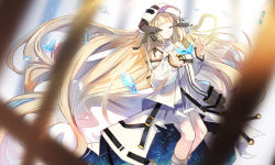 Rule 34 | 1girl, absurdly long hair, arknights, bare shoulders, blonde hair, blurry, blurry background, blurry foreground, blush, boots, closed eyes, closed mouth, commentary, crystal, depth of field, detached sleeves, dress, floating hair, hat, long hair, long sleeves, mitu yang, nightingale (arknights), puffy long sleeves, puffy sleeves, sleeveless, sleeveless dress, smile, solo, space print, starry sky print, symbol-only commentary, very long hair, white dress, white footwear, white hat, white sleeves