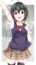 Rule 34 | 1girl, absurdres, ahoge, arm up, black hair, black thighhighs, blue sweater vest, blurry, blurry background, blush, bow, bowtie, breasts, brown eyes, brown skirt, clenched hand, cowboy shot, dot nose, hand up, heart, highres, idolmaster, idolmaster cinderella girls, idolmaster cinderella girls starlight stage, kohinata miho, looking at viewer, medium breasts, open mouth, pink shirt, plaid, plaid skirt, pleated skirt, red bow, red bowtie, school uniform, shirt, short hair, short sleeves, skirt, smile, solo, standing, sweater vest, thighhighs, tktk135, zettai ryouiki