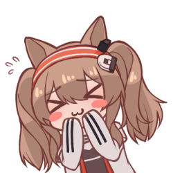 Rule 34 | &gt; &lt;, &gt;w&lt;, 1girl, :3, angelina (arknights), animal ears, arknights, black shirt, blush stickers, brown hair, chibi, chinese commentary, closed eyes, coat, commentary request, earpiece, facing viewer, flying sweatdrops, fox ears, hairband, hands up, long hair, lowres, lxjun 09, open clothes, open coat, red hair, shirt, simple background, solo, striped clothes, striped hairband, twintails, upper body, white background, white coat