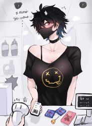 Rule 34 | !, ..., 2girls, artist request, black hair, black mask, black shirt, blue eyes, blue hair, blush, bottle, breasts, buying condoms, candy, card, card reader, cash register, choker, cleavage, collarbone, condom box, earrings, food, gradient hair, hair ornament, highres, holding, holding card, indoors, jewelry, large breasts, lollipop, looking to the side, mask, messy hair, mole, mole under eye, mouth mask, multicolored hair, multiple girls, nirvana (band), non-web source, off-shoulder shirt, off shoulder, original, pocky, pov, print shirt, rabbit hair ornament, shirt, short hair, signature, source request, supermarket, thai text, translation request, white nails