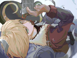 Rule 34 | 1boy, bead necklace, beads, blonde hair, candy, chocolate, chocolate bar, commentary, couch, cross, cross necklace, death note, eating, food, food in mouth, fur-trimmed jacket, fur trim, gloves, green eyes, highres, holding, holding food, jacket, jewelry, looking at viewer, lying, male focus, mello (death note), necklace, on back, on couch, short hair, solo, symbol-only commentary, unworn gloves, user tjwf7547