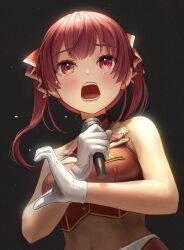 Rule 34 | 1girl, absurdres, black background, commentary request, crying, crying with eyes open, gloves, heterochromia, highres, holding, holding microphone, hololive, houshou marine, houshou marine (1st costume), ishiyuki, microphone, midriff, music, open mouth, red eyes, red hair, revision, simple background, singing, solo, sparkle, tears, teeth, twintails, upper body, virtual youtuber, white gloves, yellow eyes