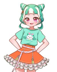 Rule 34 | 1girl, :d, animal print, arms behind back, blunt bangs, character print, chii (chi pppuri), chimumu, chimumu (hamster), cowboy shot, double bun, frilled skirt, frills, green hair, green shirt, hair bun, hair ornament, looking at viewer, multicolored hair, open mouth, orange skirt, pink eyes, pretty series, print shirt, shirt, short hair, short sleeves, sidelocks, simple background, skirt, smile, solo, standing, star (symbol), star hair ornament, streaked hair, t-shirt, waccha primagi!, white background, white hair