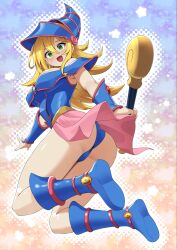 Rule 34 | 1girl, ass, blonde hair, blue footwear, blue hat, blue panties, blush, breasts, commission, dark magician girl, duel monster, floating, full body, green eyes, hat, highres, holding, holding wand, large breasts, long hair, looking at viewer, open mouth, oppaihobby, panties, pink skirt, skirt, solo, underwear, upskirt, wand, wizard hat, yu-gi-oh!, yu-gi-oh! duel monsters