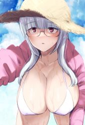 Rule 34 | 1girl, :o, bikini, breasts, glasses, hanging breasts, hat, heidimarie w. schnaufer, highres, hora liar, jacket, large breasts, leaning forward, liar lawyer, long hair, long sleeves, looking at viewer, open mouth, pink jacket, reaching, reaching towards viewer, red eyes, sky, solo, solo focus, strike witches, sun hat, sweatdrop, swimsuit, wet, white bikini, white hair, world witches series
