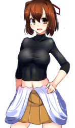 Rule 34 | 10s, 1girl, breasts, brown eyes, brown hair, hair in own mouth, hair ribbon, hand on own hip, impossible clothes, impossible shirt, ise (kancolle), kantai collection, long hair, looking at viewer, navel, off shoulder, open mouth, ribbon, shirt, skirt, smile, solo, tenken (gotannda), turtleneck