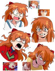 Rule 34 | 1girl, angry, black eyes, blue eyes, collarbone, commentary, crazy, crazy eyes, derivative work, the end of evangelion, english commentary, frown, hair between eyes, highres, interface headset, looking at viewer, marreeps, multiple views, neon genesis evangelion, open mouth, orange hair, pilot suit, plugsuit, reference inset, school uniform, screenshot inset, screenshot redraw, shaded face, shirt, souryuu asuka langley, two side up, v-shaped eyebrows, yellow shirt