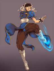 Rule 34 | 1girl, bad id, bad pixiv id, black hair, blue dress, blue eyes, boots, bracelet, breasts, brown pantyhose, bun cover, capcom, china dress, chinese clothes, chun-li, cross-laced footwear, double bun, dress, energy, fighting stance, full body, grey background, hair bun, highres, jewelry, kicking, pantyhose, pelvic curtain, puffy short sleeves, puffy sleeves, rumutan, sash, short hair, short sleeves, solo, spiked bracelet, spikes, street fighter, thick thighs, thighs, white footwear