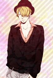 Rule 34 | 1boy, belt, blonde hair, collared shirt, earrings, facial hair, fashion, fedora, goatee, hair over one eye, hat, jewelry, male focus, one piece, open collar, pink shirt, sanji (one piece), shirt, solo, striped, striped background, sweater