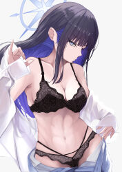 Rule 34 | 1girl, abs, absurdres, alternate costume, black hair, blue archive, blue eyes, blue hair, blue halo, breasts, cleavage, colored inner hair, denim, halo, highres, jeans, lingerie, long hair, looking at viewer, medium breasts, multicolored hair, navel, open fly, pants, sakura nyannyan, saori (blue archive), shirt, simple background, solo, stomach, underwear, white background, white shirt