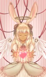 Rule 34 | 1girl, animal ears, bad id, bad pixiv id, blonde hair, blush, brooch, closed mouth, collared shirt, commentary request, dark-skinned female, dark skin, earclip, closed eyes, feathered wings, flower, frilled shirt, frills, gem, hair flower, hair ornament, halo, heart, highres, jewelry, kokoro rokoko, long hair, long sleeves, neck ribbon, original, pearl (gemstone), rabbit ears, red flower, red ribbon, red rose, ribbon, rose, shirt, skirt, smile, solo, sparkle, striped, striped background, vertical stripes, white shirt, white skirt, white wings, wing collar, wings