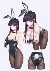 Rule 34 | 1girl, animal ears, ass, black bow, black bowtie, black eyes, black hair, black leotard, black pantyhose, bow, bowtie, breasts, cleavage, commentary request, cowboy shot, cropped legs, detached collar, expressionless, head out of frame, highres, komi-san wa komyushou desu, komi shouko, large breasts, leaning forward, leotard, long hair, looking at viewer, multiple views, pantyhose, playboy bunny, rabbit ears, rabbit tail, simple background, strapless, strapless leotard, swept bangs, tail, white background, wrist cuffs, yuuji (and)