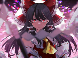 Rule 34 | 1girl, ascot, black hair, blurry, bow, closed mouth, depth of field, detached sleeves, gohei, hair bow, hair tubes, hakurei reimu, highres, holding, long hair, looking at viewer, miko (miko030751), red bow, red eyes, ribbon-trimmed sleeves, ribbon trim, shide, sidelocks, solo, touhou, upper body, yellow ascot