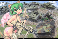 Rule 34 | 152mm spgh dana, 1girl, 2a7 autocannon, ah-64 apache, aircraft, amphibious vehicle, angel wings, animal ears, anti-aircraft, anti-aircraft gun, armored fighting vehicle, armored personnel carrier, armored reconnaissance, armored vehicle, artillery, ass, assault rifle, attack helicopter, autocannon, blush, breasts, cannon, cat ears, cat tail, caterpillar tracks, chain gun, collarbone, ear protection, eotech, fang, fingerless gloves, fn scar, gatling gun, gau-12 equalizer, gloves, green eyes, green hair, gun, gunship, h&amp;k usp, handgun, hase yu, headset, heckler &amp; koch, helicopter, helicopter gunship, highres, holster, howitzer, humvee, lav-25, lav-ad, lav-at, m242 bushmaster, machine gun, man-portable air-defense system, matching hair/eyes, military, military vehicle, missile launcher, missile pod, missile vehicle, motor vehicle, multiple-barrel firearm, multiple rocket launcher, nyano, open mouth, original, panties, pink panties, pistol, radar dish, reconnaissance vehicle, remote controlled weapon station, rifle, rocket artillery, rotary cannon, scout car, self-propelled anti-aircraft-gun, self-propelled anti-aircraft weapon, self-propelled artillery, self-propelled gun, self-propelled howitzer, self-propelled rocket launcher, side-tie panties, small breasts, solo, tail, tank, tank destroyer, thigh holster, topless, transporter erector launcher, trigger discipline, turret, underwear, vehicle, vertical forward grip, weapon, wings, zsu-23-4