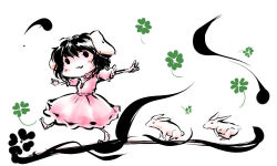Rule 34 | 1girl, :3, animal ears, bad id, bad pixiv id, barefoot, black hair, rabbit, rabbit ears, carrot, chibi, clover, dress, female focus, four-leaf clover, inaba tewi, jewelry, jpeg artifacts, nyoron (fudegatana), okisimo, ookami (game), outstretched arms, parody, pendant, pink dress, red eyes, short hair, solo, spread arms, standing, standing on one leg, touhou