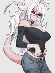 Rule 34 | 1girl, alternate costume, android 21, bare shoulders, belt, black choker, black nails, black sclera, breasts, brown belt, choker, cleavage, closed mouth, colored sclera, colored skin, denim, dragon ball, dragon ball fighterz, earrings, glasses, grey background, hoop earrings, jeans, jewelry, kemachiku, long hair, looking at viewer, majin android 21, medium breasts, midriff, nail polish, pants, pink skin, red eyes, simple background, solo, tail, white hair