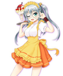 Rule 34 | 1girl, :d, apron, banana, banana slice, blue eyes, breasts, eyepatch, food, fruit, grey hair, grimoire ~shiritsu grimoire mahou gakuen~, hair ornament, hand up, holding, holding tray, long hair, looking at viewer, maid, medium breasts, open mouth, orange skirt, parfait, short sleeves, skirt, smile, solo, standing, strawberry, teina, tray, twintails, waitress, whipped cream, wristband