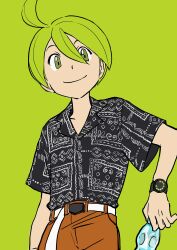 Rule 34 | 1boy, aaron (pokemon), ahoge, alternate costume, belt, belt buckle, black shirt, bottle, brown pants, buckle, closed mouth, collared shirt, commentary, creatures (company), elizabeth (tomas21), game freak, green background, green eyes, green hair, hair between eyes, highres, holding, holding bottle, looking at viewer, loose belt, male focus, nintendo, pants, pokemon, pokemon dppt, shirt, short hair, short sleeves, simple background, smile, solo, watch, white belt, wristwatch