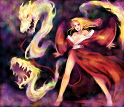 Rule 34 | 1girl, barefoot, blonde hair, breasts, byunei, demon, demon girl, japanese clothes, kara (color), kimono, long hair, open mouth, pointy ears, red eyes, red kimono, romancing saga, romancing saga 3, saga, small breasts, solo, yukata