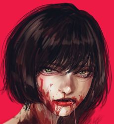 Rule 34 | 1girl, bad id, bad twitter id, blood, blood on face, brown hair, closed mouth, green eyes, hoshi san 3, light smile, lipstick, looking at viewer, makeup, original, portrait, red background, red lips, short hair, simple background, solo