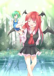 Rule 34 | 2girls, :d, ^ ^, bad id, bad pixiv id, bat wings, blue eyes, closed eyes, daiyousei, dress, fairy wings, forest, frilled dress, frills, green hair, hair ribbon, head wings, highres, koakuma, light, light particles, long hair, mickeysmith, mini person, minigirl, multiple girls, nature, open mouth, puffy short sleeves, puffy sleeves, red eyes, ribbon, shirt, short dress, short hair, short sleeves, smile, touhou, water, wings