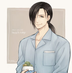 Rule 34 | 1boy, black hair, blue eyes, blue ribbon, blue shirt, breast pocket, brown background, cactus, collared shirt, dated, earrings, final fantasy, final fantasy viii, flower pot, hair over one eye, hand up, happy birthday, hiryuu (kana h), holding, holding flower pot, holding plant, hoop earrings, jewelry, laguna loire, letter, long hair, low ponytail, male focus, plant, pocket, ribbon, shirt, simple background, smile, solo, upper body, wrinkled skin