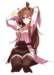 Rule 34 | 10s, 1girl, ahoge, armpits, arms up, bad id, bad twitter id, blue eyes, boots, breasts, brown hair, brown skirt, detached sleeves, hairband, headgear, japanese clothes, kantai collection, kongou (kancolle), large breasts, long hair, looking to the side, md5 mismatch, nontraditional miko, one eye closed, pemu, pomon illust, ribbon-trimmed sleeves, ribbon trim, skirt, solo, thigh boots, thighhighs, wide sleeves