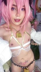 Rule 34 | 1boy, animated, asian, astolfo (fate), astolfo (fate) (cosplay), cosplay, fate/grand order, fate (series), highres, navel, nipples, penis, photo (medium), pink hair, pubic tattoo, purple eyes, real life, solo, sound, tattoo, testicles, trap, undressing, velvetchann, video, wig