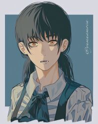 Rule 34 | 1girl, black hair, chainsaw man, collared shirt, fourth east high school uniform, highres, long hair, looking at viewer, low twintails, mitaka asa, parted lips, school uniform, shirt, simple background, solo, twintails, twitter username, upper body, white shirt, yellow eyes, yumu (8181018)