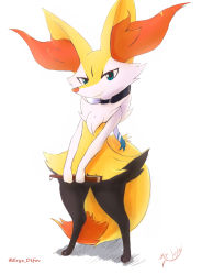 Rule 34 | 1girl, absurdres, alternate eye color, animal ear fluff, animal ears, animal hands, animal nose, artist name, back bow, black choker, black fur, blue eyes, body fur, bow, braixen, choker, closed mouth, creatures (company), eryz, female focus, flat chest, folding fan, fox ears, fox girl, fox tail, full body, furry, furry female, game freak, gen 6 pokemon, hand fan, happy, highres, holding, holding fan, looking at viewer, multicolored bow, nintendo, pokemon, pokemon (creature), sideways mouth, signature, simple background, sketch, smile, snout, solo, standing, tail, white background, white fur, yellow fur