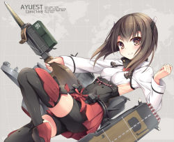 Rule 34 | 10s, 1girl, bankoku ayuya, bike shorts, bow (weapon), breasts, brown eyes, brown hair, crossbow, headband, headgear, kantai collection, looking at viewer, personification, short hair, sideboob, skirt, small breasts, smile, solo, taihou (kancolle), thighhighs, weapon