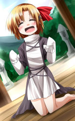Rule 34 | 1girl, ^ ^, bare legs, blonde hair, blush, cosplay, dress, closed eyes, fang, hair ribbon, hemogurobin a1c, highres, hijiri byakuren, hijiri byakuren (cosplay), open mouth, ribbon, rumia, short hair, sleeves past wrists, smile, solo, touhou, white dress