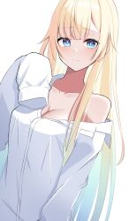 Rule 34 | 1girl, absurdres, aizawa ema, atisa87044728, blonde hair, blue eyes, blue hair, blunt bangs, breasts, cleavage, dress shirt, gradient hair, highres, large breasts, long hair, looking at viewer, multicolored hair, naked shirt, no bra, off shoulder, open clothes, open shirt, oversized clothes, oversized shirt, shirt, shirt tug, single bare shoulder, sleeves past fingers, sleeves past wrists, smile, solo, very long hair, virtual youtuber, vspo!, white background, white shirt