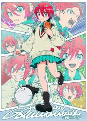 1girl amate_yuzuriha angry annoyed aqua_eyes aqua_skirt bag closed_mouth gundam gundam_gquuuuuux holding holding_phone long_sleeves looking_at_viewer necktie open_mouth phone red_hair school_bag school_uniform shirt short_hair skirt smile surprised sweatdrop sweater tsubo_jiro