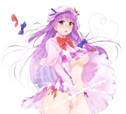 Rule 34 | 1girl, absurdres, ancomomomo, blush, bow, breasts, capelet, dress, hair bow, hat, heart, highres, long hair, looking at viewer, md5 mismatch, nipples, open mouth, panties, patchouli knowledge, purple eyes, purple hair, solo, tears, touhou, underwear, white background