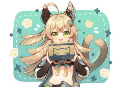 Rule 34 | 1girl, :3, :d, ahoge, animal ears, bare shoulders, blonde hair, blush, box, cardboard box, cat ears, commentary, crop top, detached sleeves, genshin impact, green eyes, hands up, hikariin25, holding, holding box, kirara (genshin impact), long hair, looking at viewer, midriff, navel, open mouth, smile, solo, stomach, upper body, very long hair