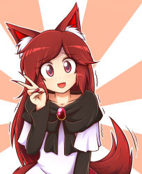 Rule 34 | 1girl, :d, animal ear fluff, animal ears, brooch, commentary, dress, fang, fingernails, imaizumi kagerou, jewelry, long hair, long sleeves, looking at viewer, nail polish, nervous smile, open mouth, red eyes, red hair, red nails, sharp fingernails, smile, solo, tail, touhou, trembling, turn pale, upper body, v, very long hair, white dress, wolf ears, wolf tail, wool (miwol)