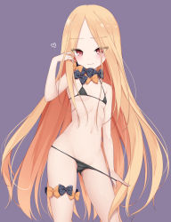 Rule 34 | 1girl, abigail williams (fate), bare arms, bare legs, bare shoulders, black bow, black bra, black panties, blonde hair, blush, bow, bowtie, bra, breasts, commentary request, dot nose, fate/grand order, fate (series), grey background, heart, highres, kamu (geeenius), long hair, looking at viewer, multicolored neckwear, navel, orange bow, panties, panty pull, parted bangs, pink eyes, pussy, pussy peek, simple background, small breasts, smile, solo, underwear, very long hair