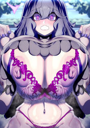 Rule 34 | 1girl, @ @, alternate breast size, arms up, blush, bra, breasts, clothes lift, creatures (company), curvy, disembodied hand, dress, dress lift, dzkjo7pf, game freak, grabbing, grabbing another&#039;s breast, hair between eyes, hairband, headband, hex maniac (pokemon), large areolae, long hair, messy hair, nail polish, nervous smile, nintendo, pokemon, pokemon xy, puffy nipples, purple bra, purple hairband, purple headband, purple panties, smile, surprised, thong, underwear, upper body