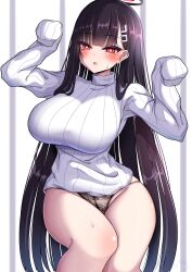Rule 34 | 1girl, :o, absurdres, arms up, black hair, black panties, blue archive, blunt bangs, blush, breasts, bright pupils, commentary request, curvy, hair ornament, hairclip, halo, highres, hime cut, kumanosora, large breasts, long hair, looking at viewer, mechanical halo, panties, red eyes, ribbed sweater, rio (blue archive), sleeves past fingers, sleeves past wrists, solo, sweater, thighs, turtleneck, turtleneck sweater, underwear, very long hair, white pupils, white sweater
