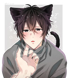 Rule 34 | 2boys, absurdres, animal ears, black eyes, black tail, blush, border, cat boy, cat ears, cat tail, floral background, given, gorogoro (sfx), grey background, grey sweater, hand on another&#039;s arm, highres, male focus, motion lines, multiple boys, murata ugetsu, open mouth, out of frame, pinoli (pinoli66), short hair, sound effects, sweater, tail, white border