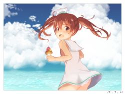 Rule 34 | blue sky, brown eyes, brown hair, cloud, commentary request, dark-skinned female, dark skin, fang, food, hat, highres, ice cream, kantai collection, libeccio (kancolle), long hair, looking at viewer, mini hat, panties, see-through, shiki no miko, sky, smile, solo, striped clothes, striped panties, thighs, twintails, underwear