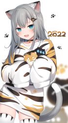Rule 34 | 1girl, 2022, :d, amashiro natsuki, animal ears, animal print, black choker, black hair, blue eyes, blurry, blurry background, cat ears, cat girl, cat tail, chinese zodiac, choker, collarbone, commentary, depth of field, eyebrows hidden by hair, fang, grey hair, hair ornament, hairclip, highres, indie virtual youtuber, long hair, long sleeves, looking at viewer, multicolored hair, nachoneko, open mouth, paw hair ornament, print shirt, shirt, sleeves past fingers, sleeves past wrists, smile, solo, streaked hair, tail, thighhighs, tiger print, virtual youtuber, white background, white shirt, white thighhighs, year of the tiger