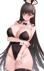 Rule 34 | 1girl, alternate costume, animal ears, arm under breasts, bare shoulders, black bow, black bowtie, black hair, black leotard, black thighhighs, blue archive, bow, bowtie, breasts, bright pupils, cleavage, collarbone, commentary request, covered navel, cowboy shot, detached collar, fake animal ears, groin, hair ornament, hairclip, halo, hand on own arm, hand on own thigh, highleg, highleg leotard, highres, huge breasts, kuavera, leotard, long hair, looking at viewer, parted lips, playboy bunny, rabbit ears, red eyes, rio (blue archive), sideboob, simple background, solo, strapless, strapless leotard, thick thighs, thighhighs, thighs, very long hair, white background, white pupils
