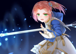 Rule 34 | 1girl, dress, eleanor hume, fingerless gloves, gloves, green eyes, hair ornament, highres, long hair, open mouth, pink hair, polearm, sll, solo, spear, tales of (series), tales of berseria, twintails, weapon