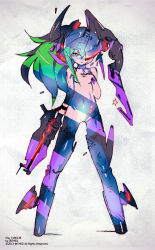 Rule 34 | 1girl, android, arm at side, bad id, bad pixiv id, breasts, broken helmet, copyright notice, damaged, energy gun, faux traditional media, full body, green hair, grey eyes, groin, gun, hair censor, hand on own chest, helmet, holding, holding gun, holding weapon, jnt, laser rifle, lens flare, long hair, mecha musume, mechanical legs, navel, no pussy, one eye covered, original, parted lips, rifle, science fiction, side ponytail, sidelocks, signature, small breasts, solo, standing, star (symbol), weapon, white background